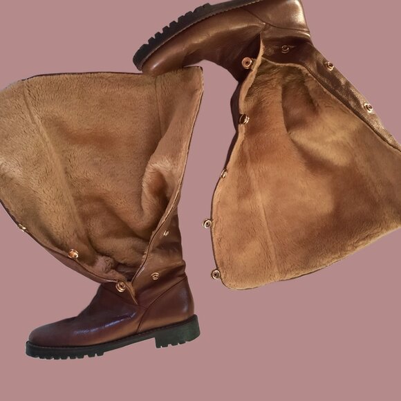 Michael Kors Tall Riding Boots Brown Leather US 8 Snap Buttons Faux Fur Lining - Picture 7 of 9